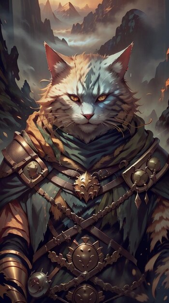 Photo a cat dressed in armor with a mountain in the background