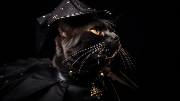 A cat dressed as a bat with black wings and a pointy hat