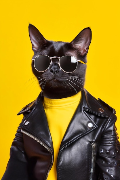 Cat dressed as a punk high fashion yellow background generative ai