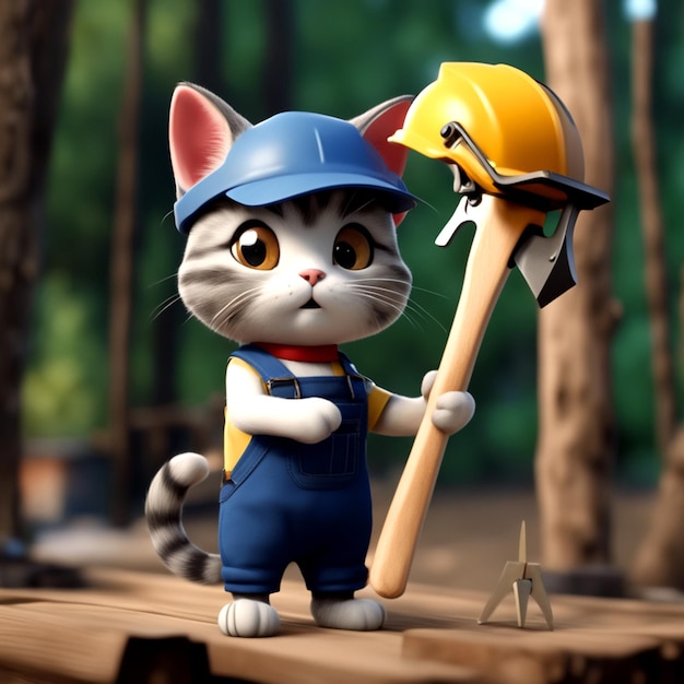 A cat dressed as a worker Has a saw in hand It's cute and funny Anime 3D