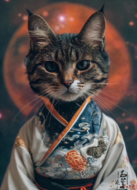 Photo a cat dressed like a taoist funny and profound like an immortal fullbody portrait universe backg