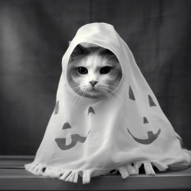 Cat Dressed Up in White Blanket as Ghost for Halloween Festive Party