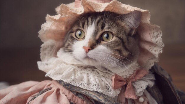 Cat dressed in vintage clothes in Victorian style