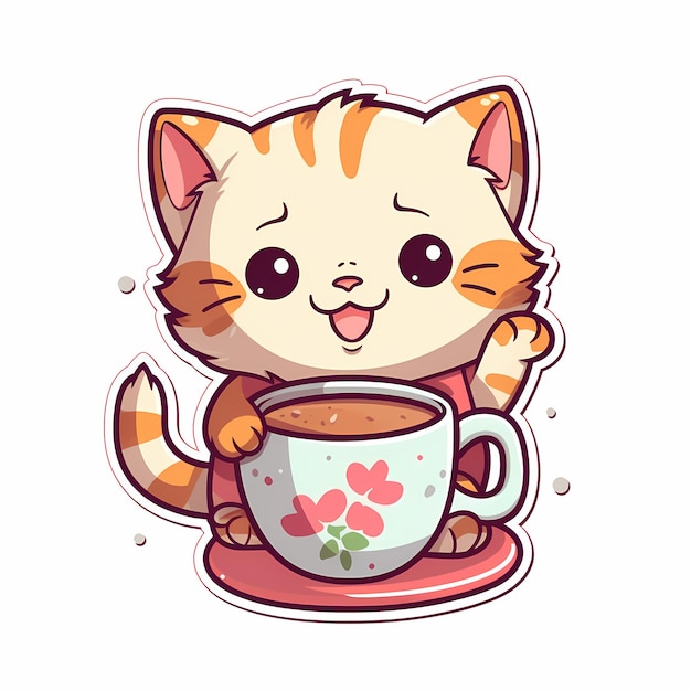 cat drink coffee cup cartoon icon illustration animal drink concept isolated AI generated