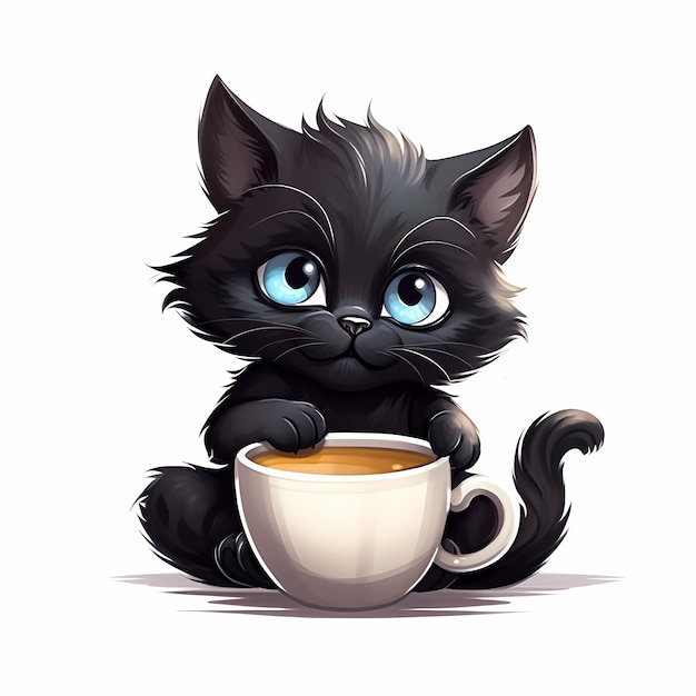 cat drink coffee cup cartoon icon illustration animal drink icon concept isolated AI generated