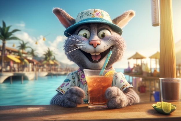 Cat drinking cocktail at pool Generate Ai