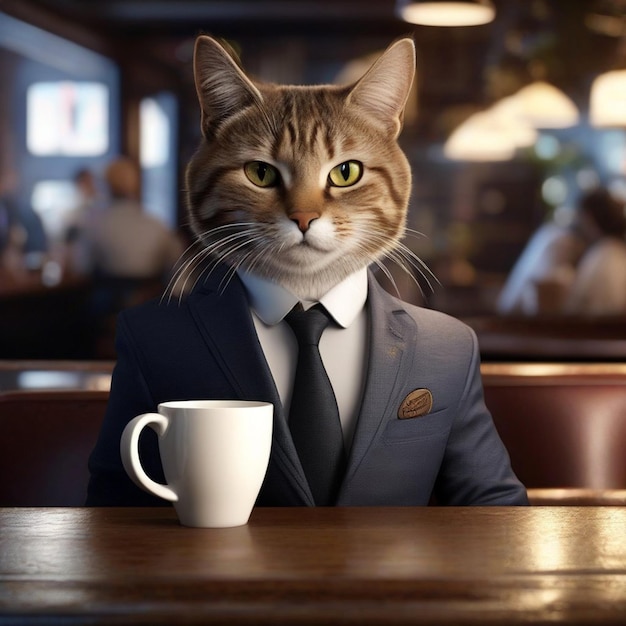 a cat drinking coffee in a bar