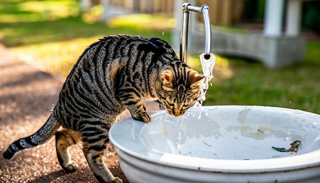 Кот пьет из-под крана у фонтана