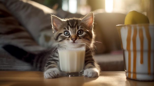 コップ一杯の牛乳を飲む猫