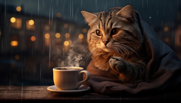 寒い天候でお茶を飲む猫