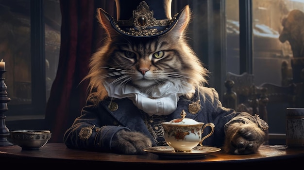 The cat drinks tea in a tailcoat with a butterfly