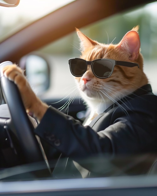 写真 太陽眼鏡をかぶった猫の運転手