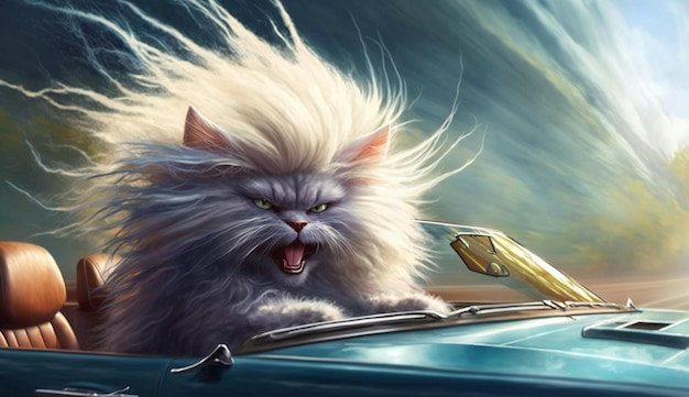 Photo cat driving convertible sport car with fur blowing in the wind generative ai