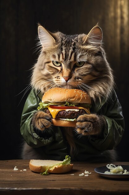 写真 猫がハンバーガーを食べる