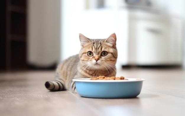 Cat eating food from bowl on the ground Ai