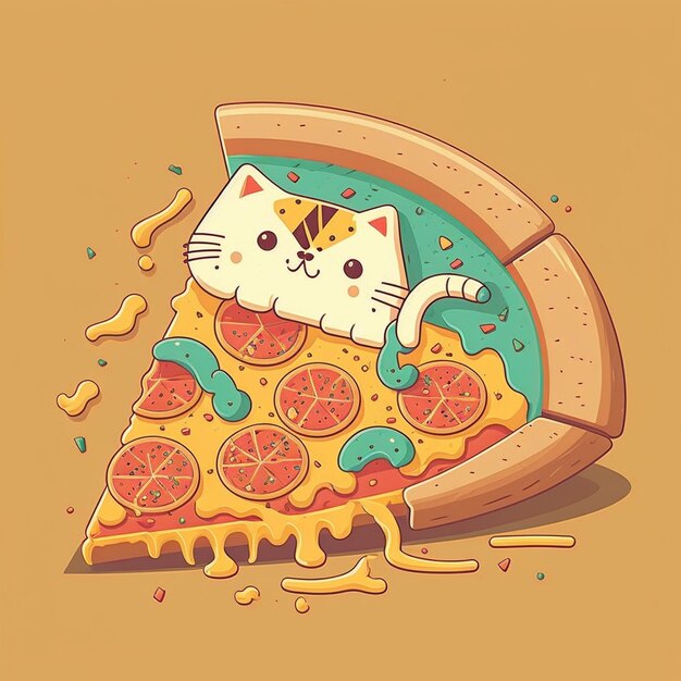 Foto illustrazione vettoriale di un gatto che mangia una pizza