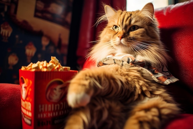 猫がポップコーンを食べ映画館で新しい映画のエキサイティングなプレミアを見ています