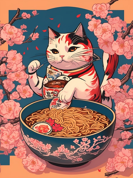 Foto gatto che mangia ramen