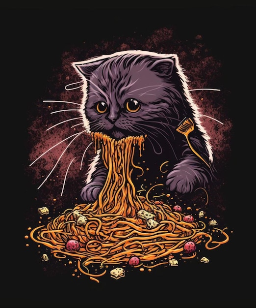 Photo cat eating spaghetti illustration