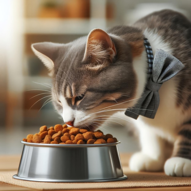 Cat eats dry food from a bowl