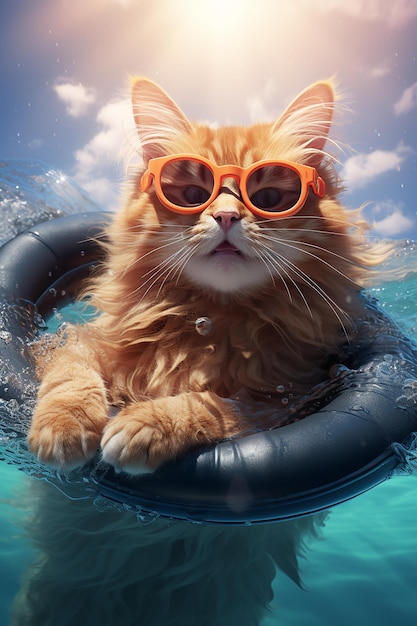 a cat enjoying summer with sun glasses in a swimming pool