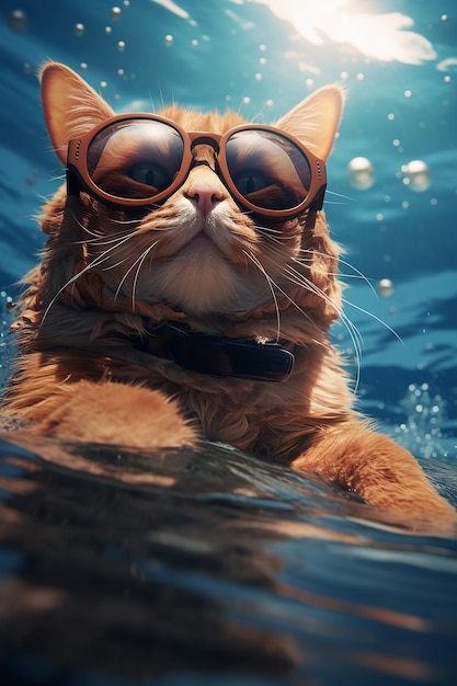 a cat enjoying summer with sun glasses in a swimming pool
