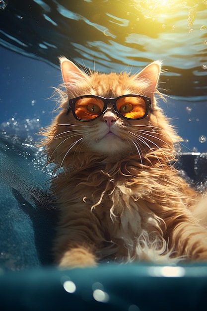 수영장에서 선글라스로 여름을 즐기는 고양이