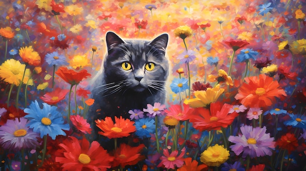 a cat exploring the colorful flowers in a blooming garden