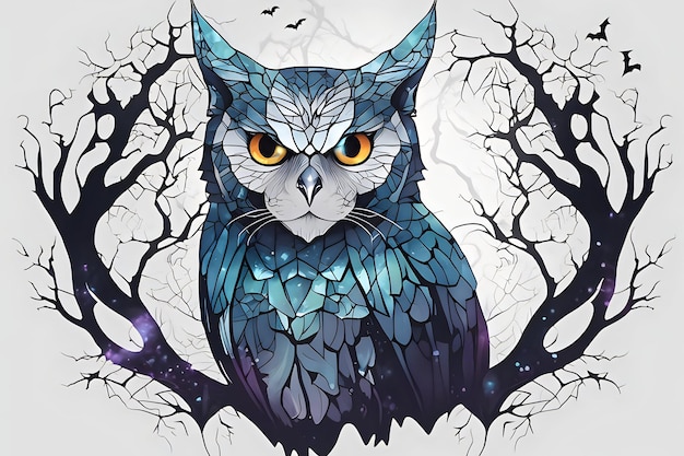 Cat face Owl on a branch Halloween AI generative image