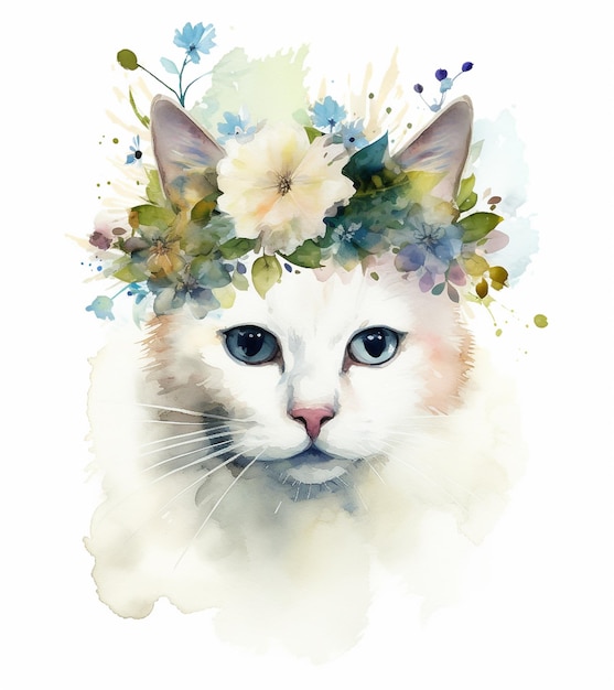 Cat face with flower illustration Generative AI