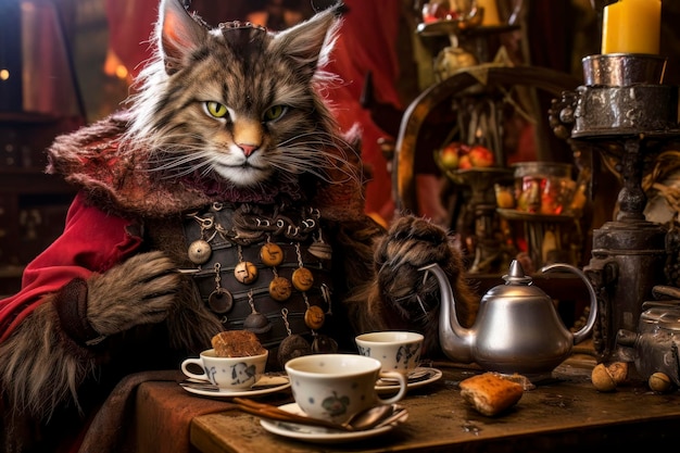 猫がおとぎ話の中でお茶を飲んでいる