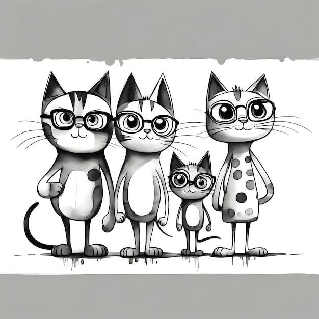 Cat Family Coloring Page Print and Color Pencil Sketch