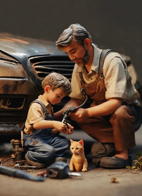 Photo a cat father teaching a cat son how to fix a car lifelike