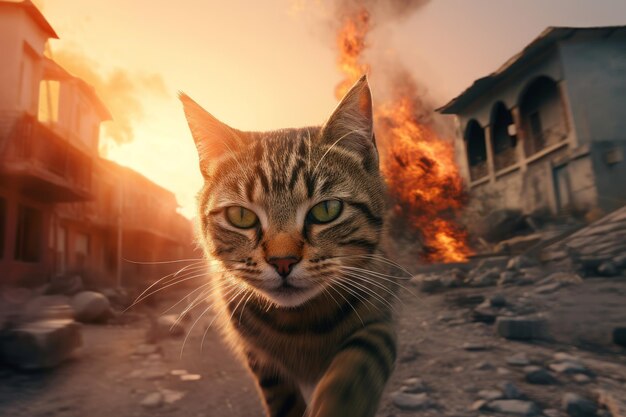 Photo cat fear pain eyes on burning flames background generate ai