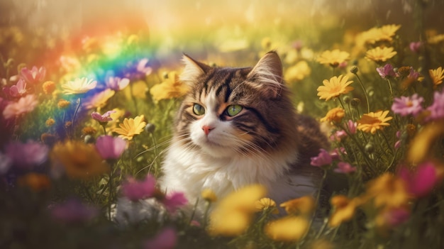 Cat in a field of flowers with rainbow