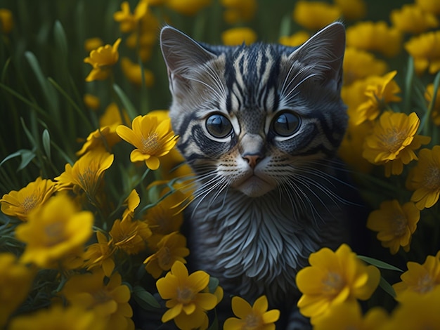 A cat in a field of flowers