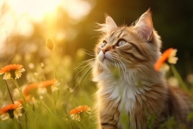 A cat in a field of flowers