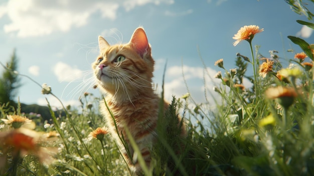 A cat in a field of flowers