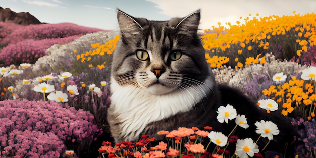 A cat in a field of flowers