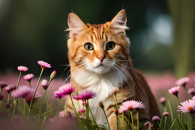 A cat in a field of flowers