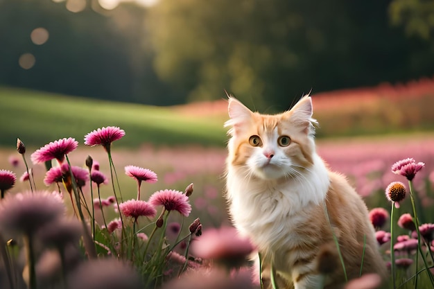 A cat in a field of flowers