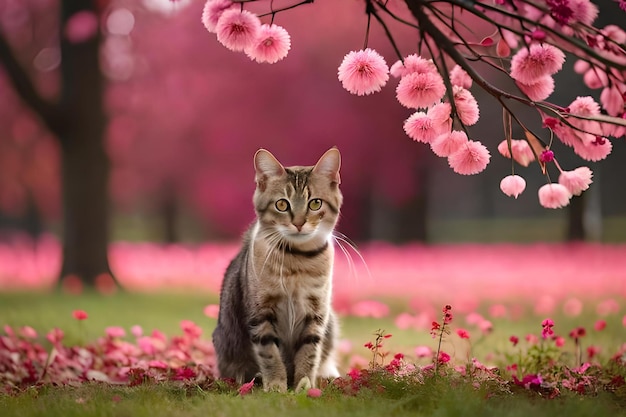 A cat in a field of flowers