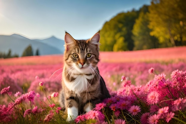 A cat in a field of flowers