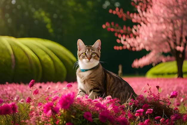 A cat in a field of flowers