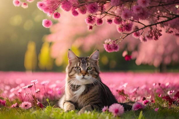 A cat in a field of flowers