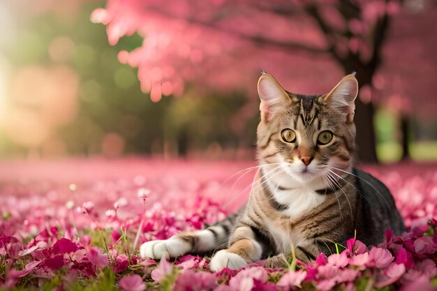 A cat in a field of flowers