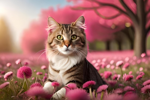 A cat in a field of flowers