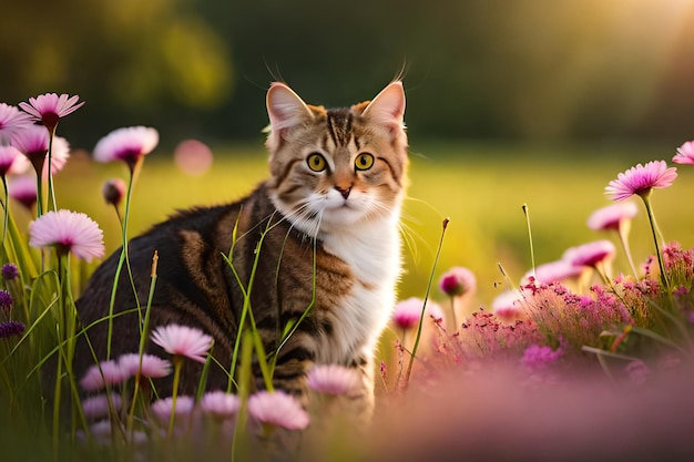 A cat in a field of flowers