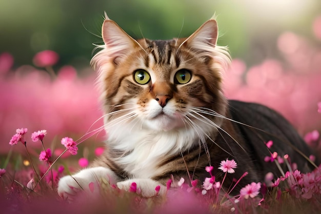 A cat in a field of flowers