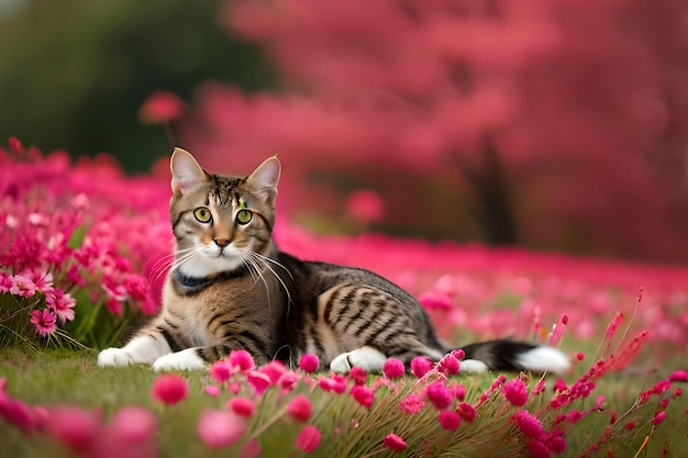 A cat in a field of flowers